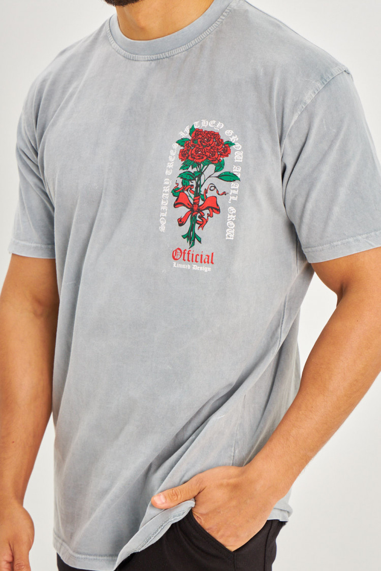T-shirt gris bouquet de roses rouges