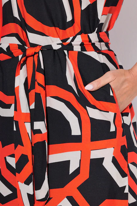 Kleid, grafischer Druck, Tunika-Ausschnitt, 3/4-Arm, paprika