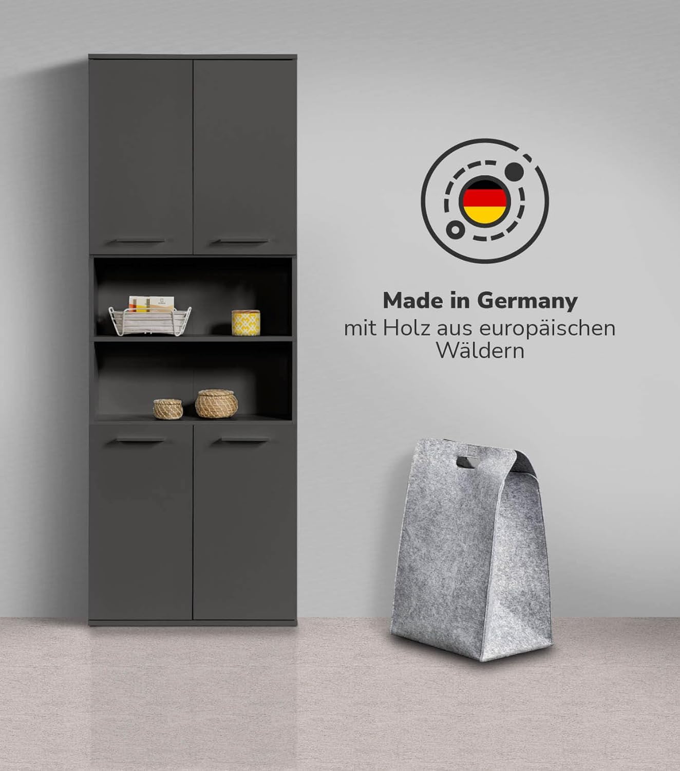 mokebo® Bad Hochschrank 'Der Kapitän' (180x65x34 cm) Badezimmerschrank breit oder Badschrank, auch als Badezimmerhochschrank & Badregal Badezimmer aus Holz in Anthrazit Schwarz