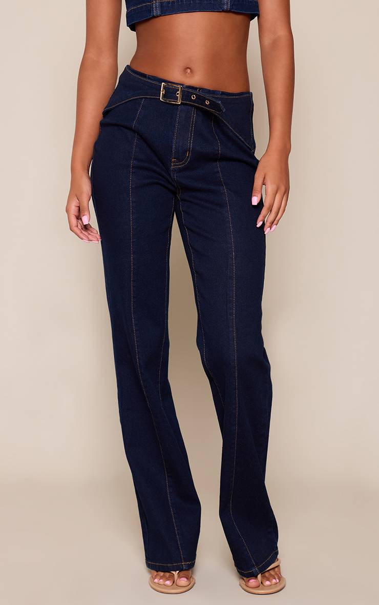 Bleu Indigo Jean Droit À Taille Ceinturée