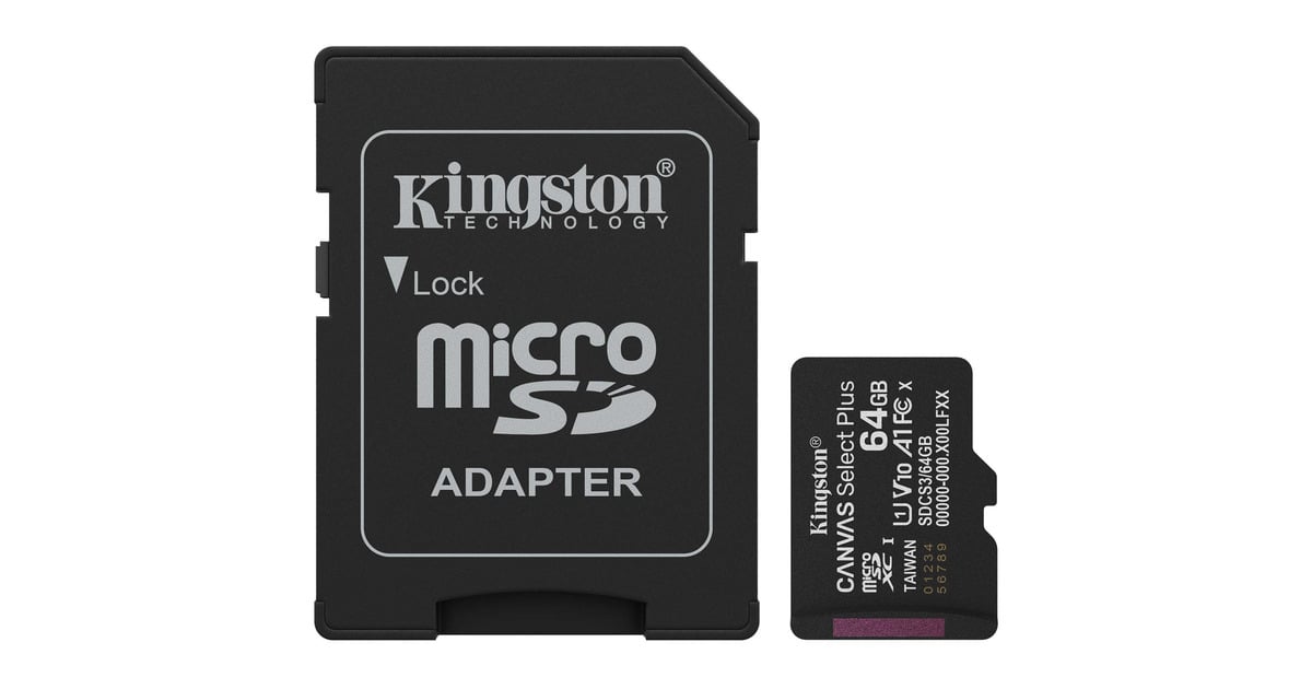 KingstonCanvas Select Plus 64 GB MicroSDXC geheugenkaart  (Zwart, UHS-I U1, Class 10, V10, Incl. SD Adapter)