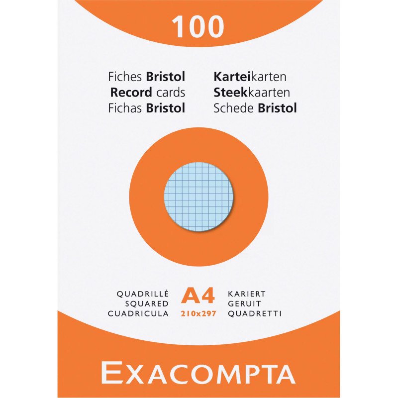 Fiche bristol 210 x 297 mm quadrillée 5 x 5 couleurs assorties non perforée Exacompta - Boite de 100