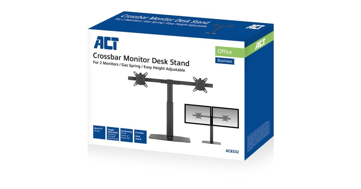ACT ConnectivityMonitorarm office, op voet met gasveer, crossbar, 2 schermen  (Zwart)