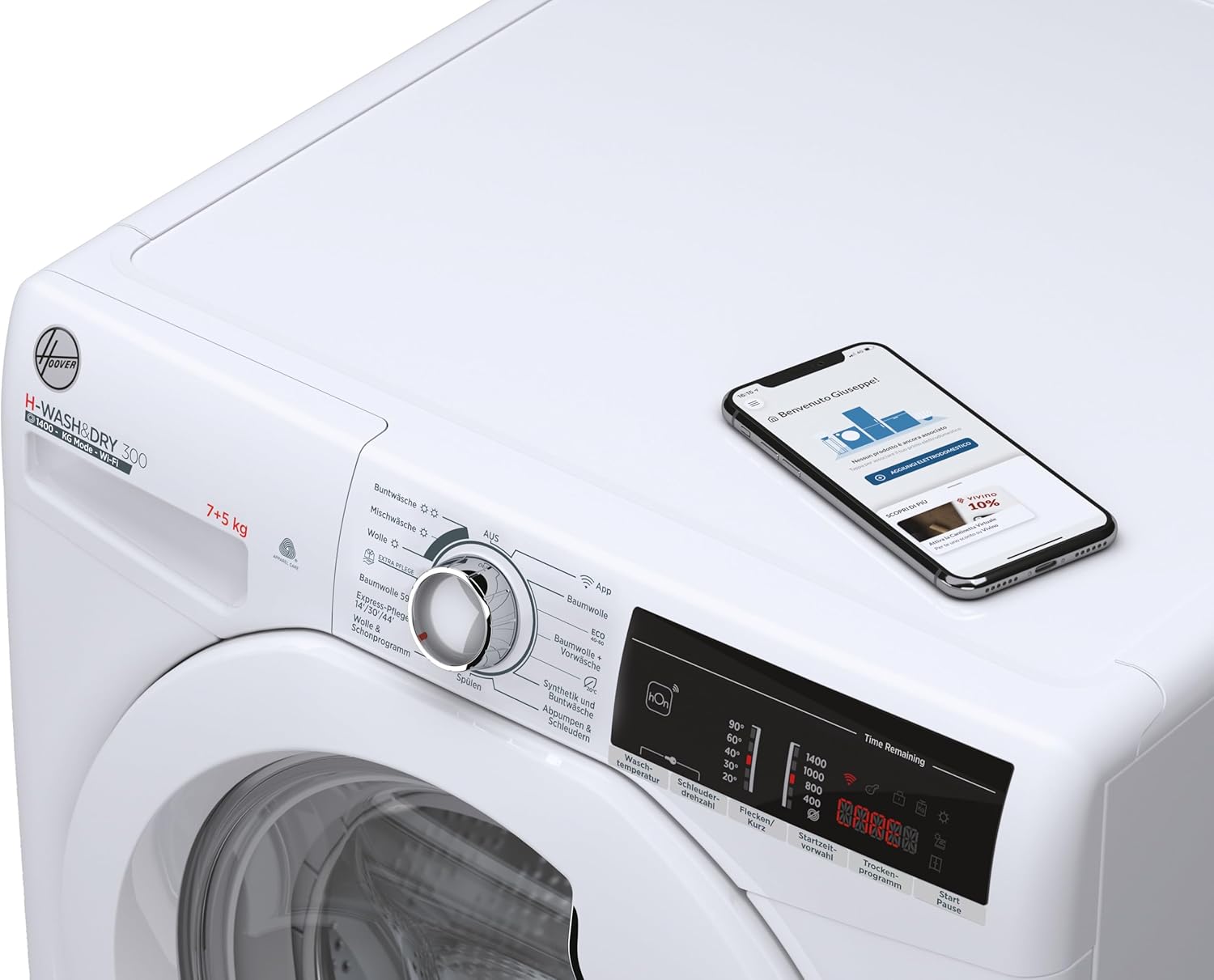 Hoover H-WASH&DRY 300 H3DO4755T2/1-84 Waschtrockner / 7 kg Waschen, 5 kg Trocknen/Gewichtserkennung/Wi-Fi und Bluetooth/Care-Programme