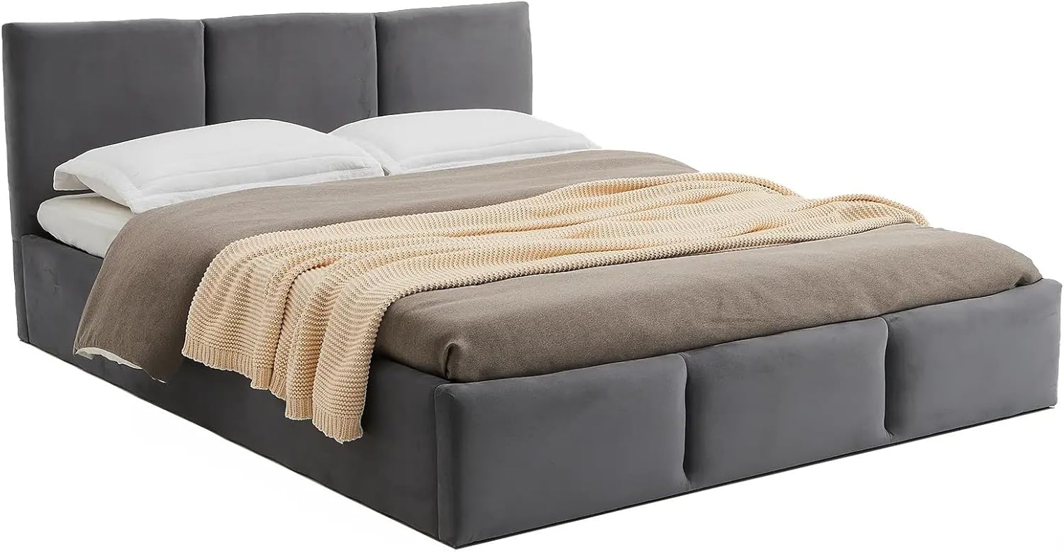 Home Collective Polsterbett, Bett mit Stauraum, Stauraumbett mit Lattenrost gepolstert mit Kopfteil Doppelbett mit Bettkasten | Gasdruckfedern & Metallrahmen, Samtpolsterung | 140×200 cm | Graphit
