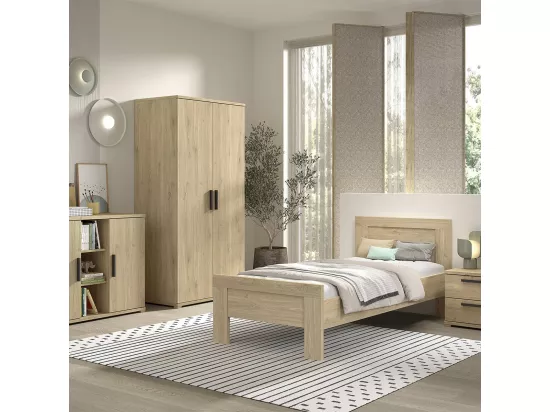 MARCO - Chambre Enfant Complète Lit 90x200cm Chevet Armoire 2P et Commode Aspect Chêne