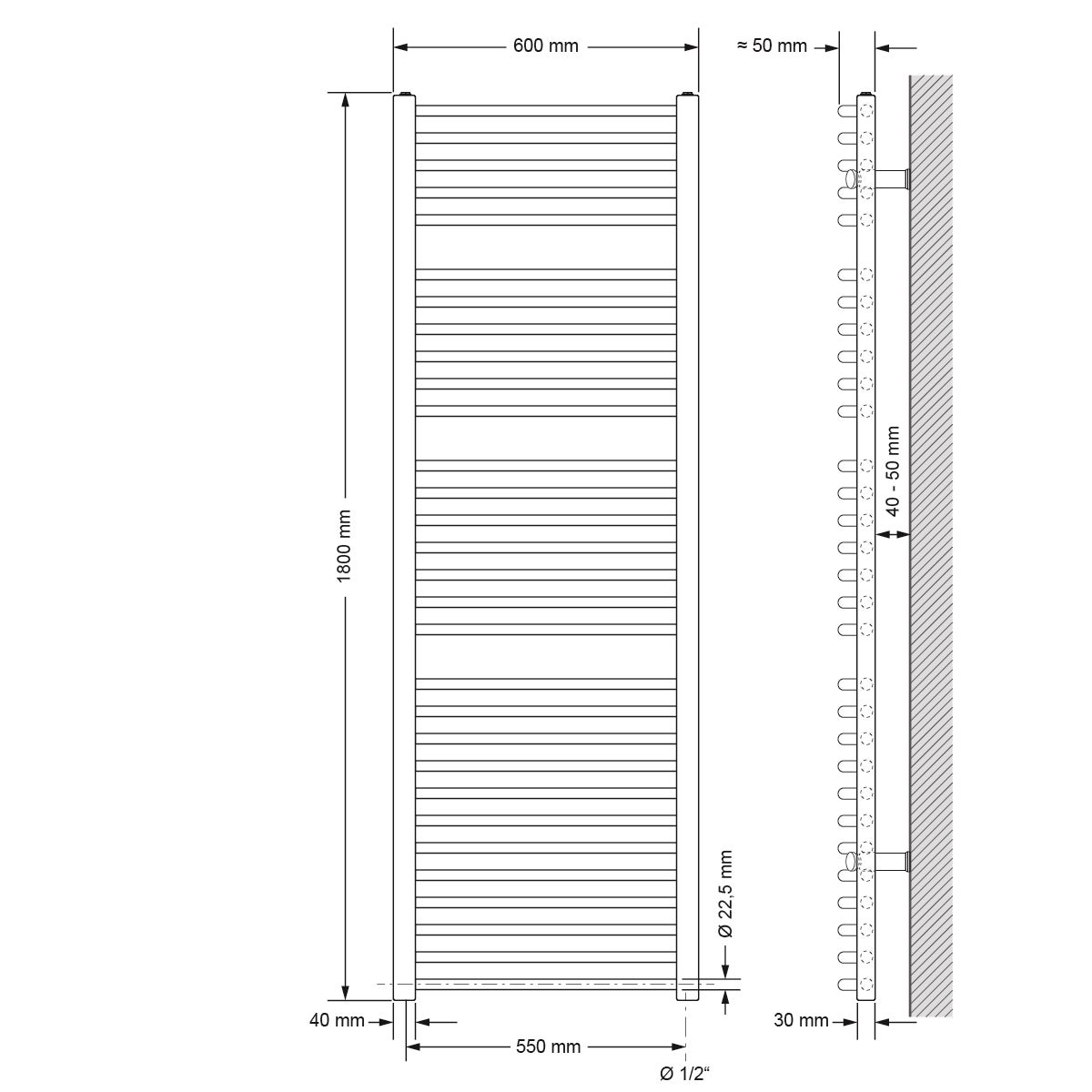 ECD Germany Badkamerradiator - 600 x 1800 mm - Wit - Gebogen met Zijaansluiting - Radiator Handdoekverwarmer Handdoekdroger