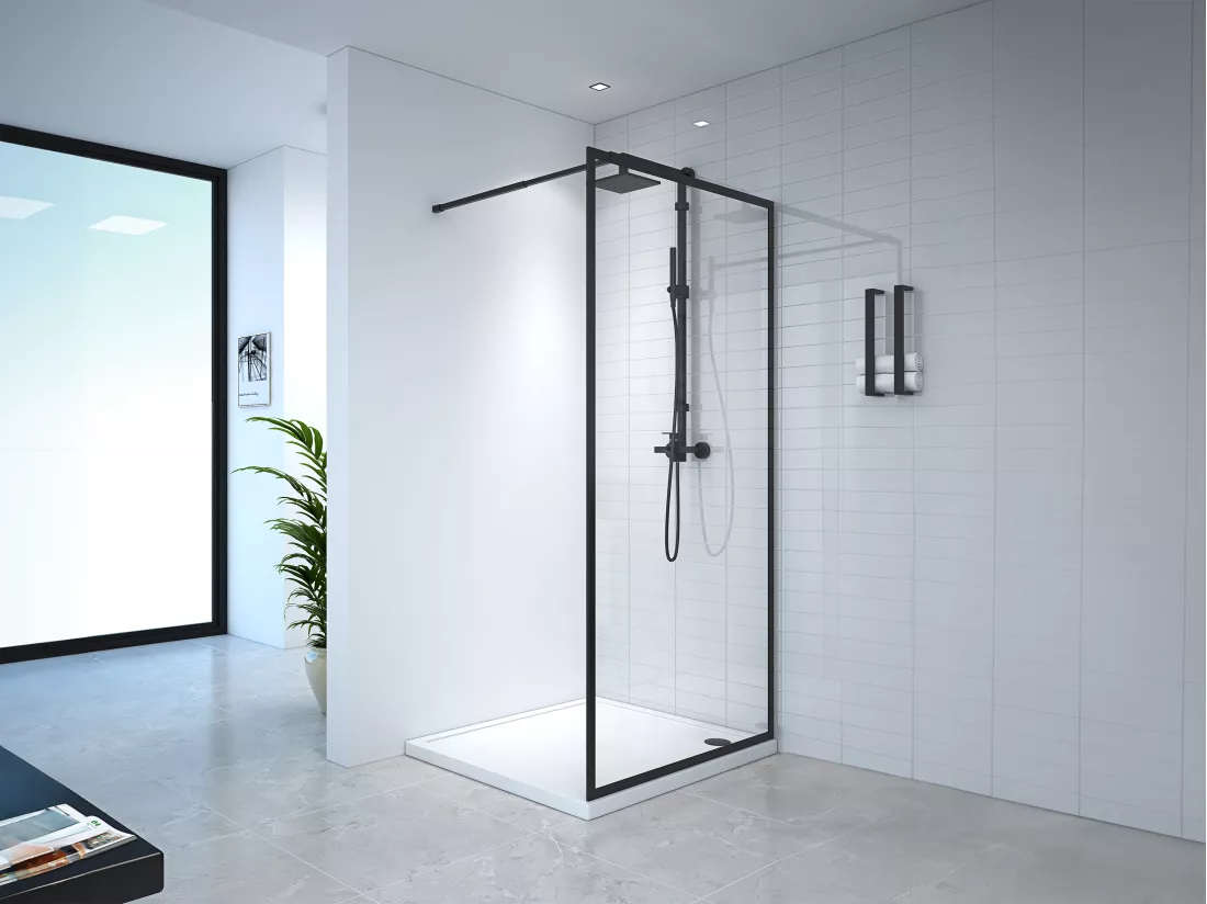 Paroi de douche à l'italienne - 100 x 200 cm - Noir mat - Verre trempé - AMBERI