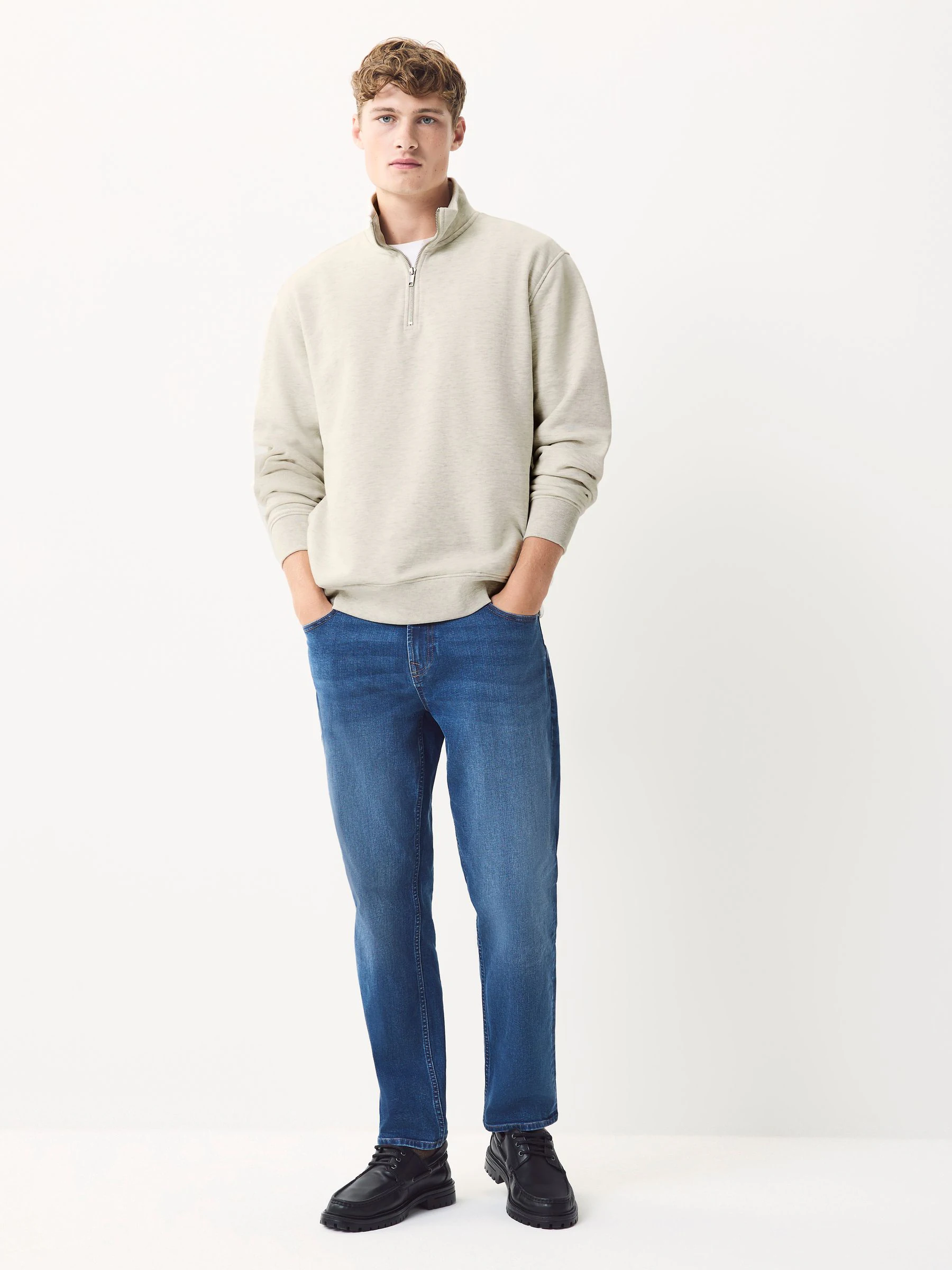 Ecru gemêleerd - Kwartrits - Sweatshirt van jersey met hoog katoengehalte