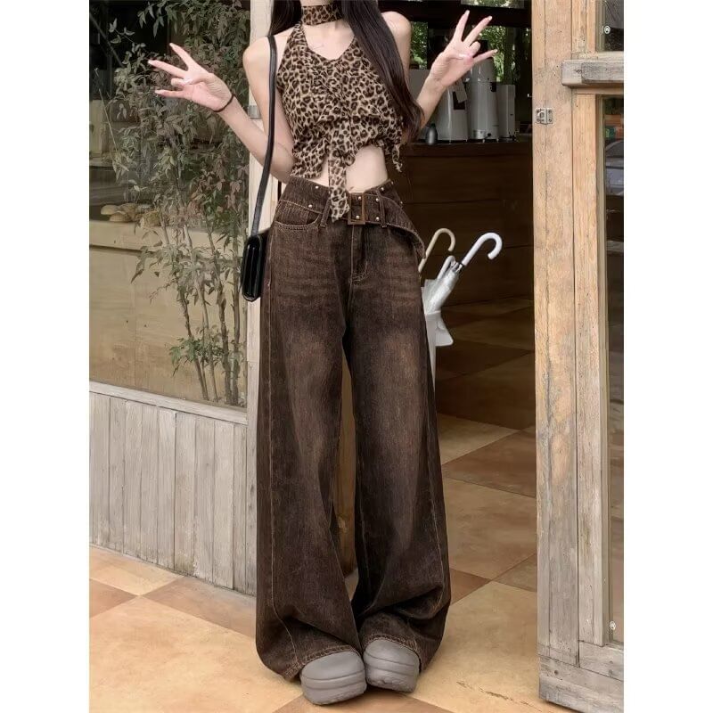 Cossita - High Waist Washed Wide Leg Jeans met riem