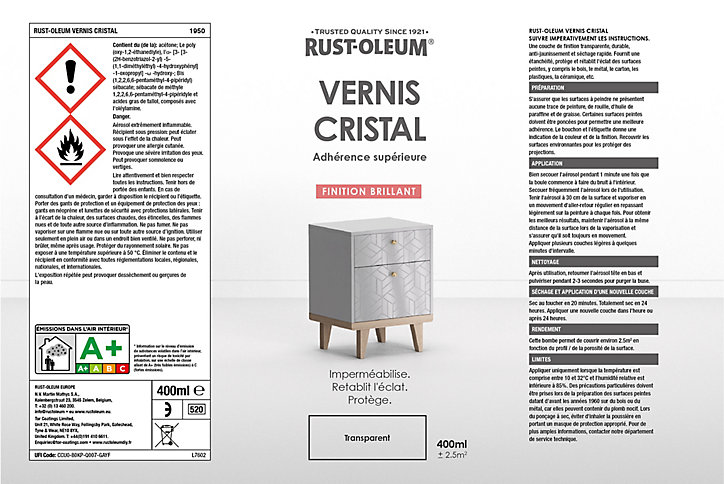 Vernis cristal en bombe aérosol Rust-Oleum transparent brillant 400ml