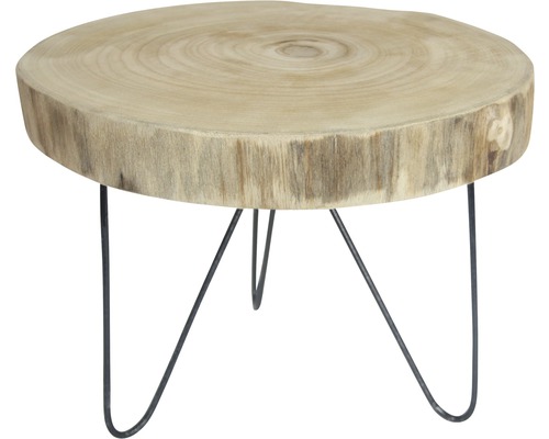 Decoratief bord, boomschijf met voet, hout en metaal, Ø 37 cm, H 27 cm, beigebruin