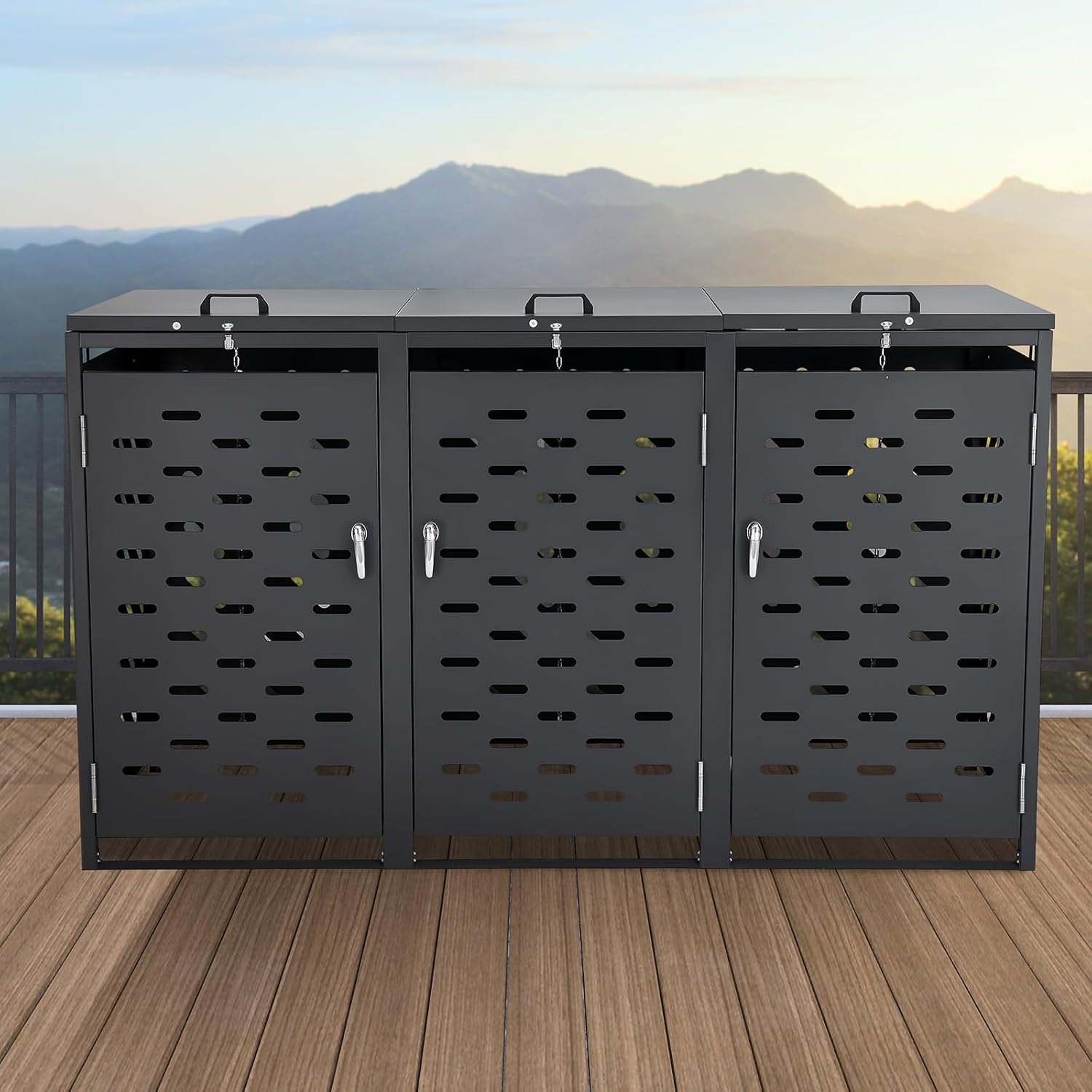 VEVOR Abri pour poubelles, 3 x 240 L, Rangement pour poubelles Horizontal, avec Couvercle à chaîne, boîte de Rangement à poubelles d'extérieur, étanche et verrouillable, pour Jardin, Cour et terrasse