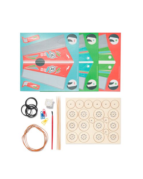 kit créatif avec 3 rubber band racers