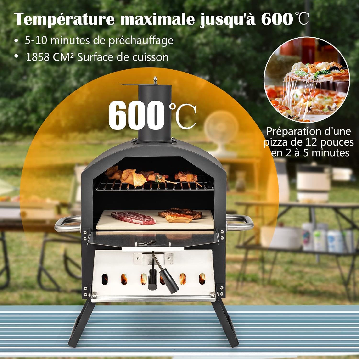 GYMAX Four à Pizza Extérieur Mini, Fours à Pizza au Bois avec Pierre à Pizza, Pelle à Pizza, Jambes Pliantes et Poignées Portables, Ventilateurs Ajustables, Couvercle Imperméable