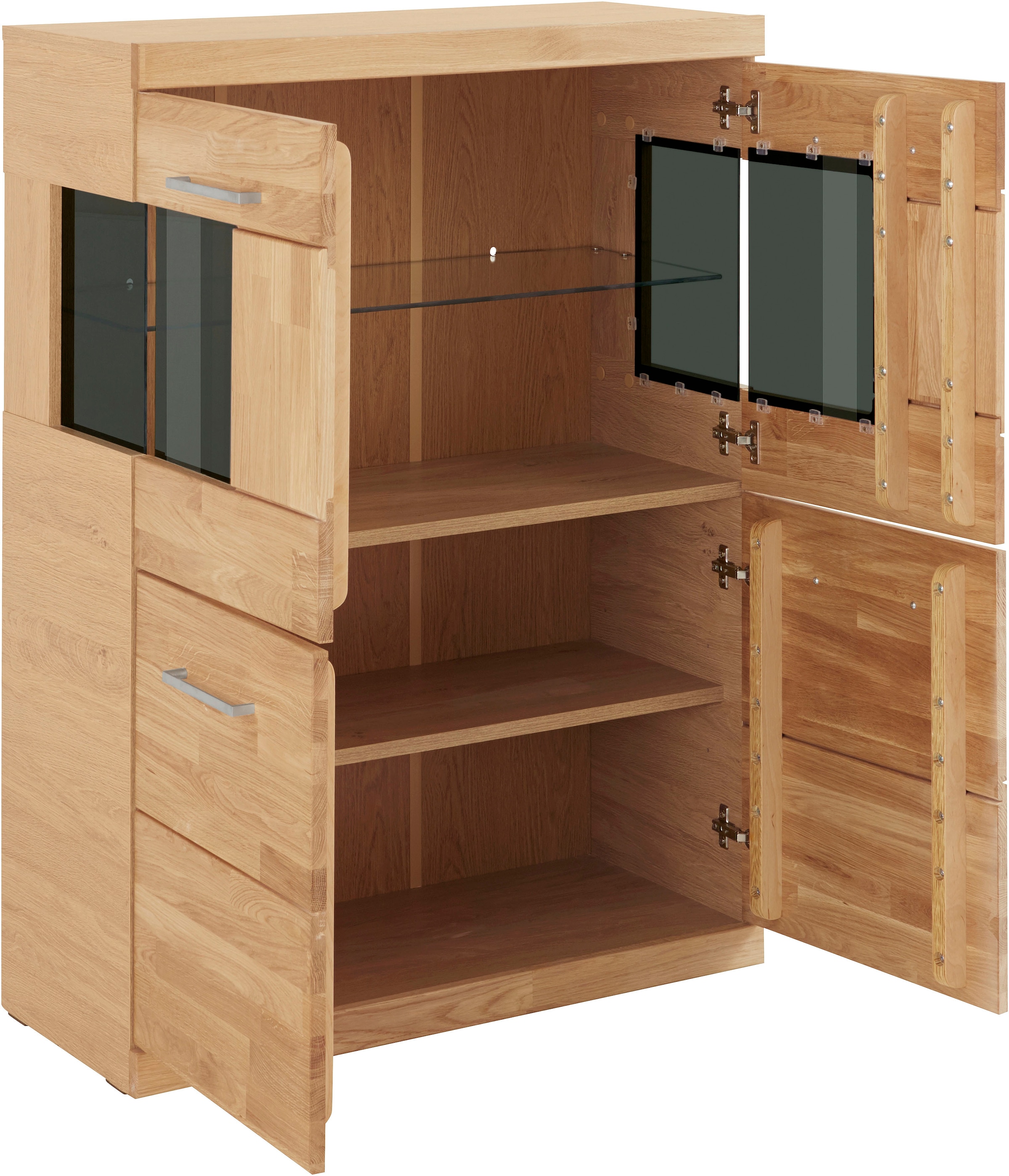 Home affaire Highboard »Ribe,85cm breit,115cm hoch, Fronten Massivholz,4 breite Fächer« Korpus Holzwerkstoff,2Türen mit  Glaseinsatz, Böden versetzbar