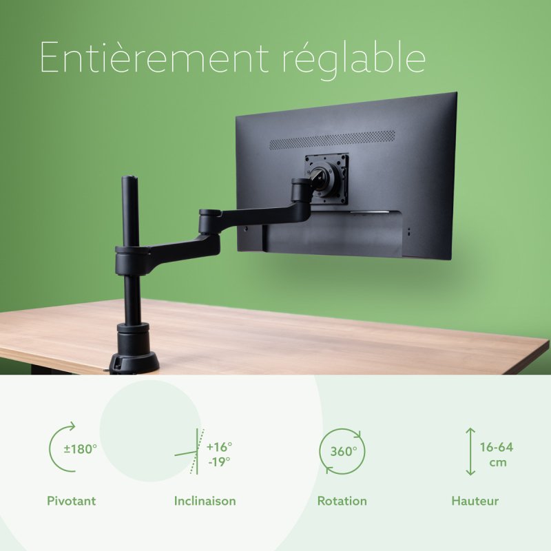 R-Go Tools Bras d'écran R-Go Zepher, bras pour écran simple, entièrement réglable, capacité de charge 0-8 Kg, 100% circulaire, noir