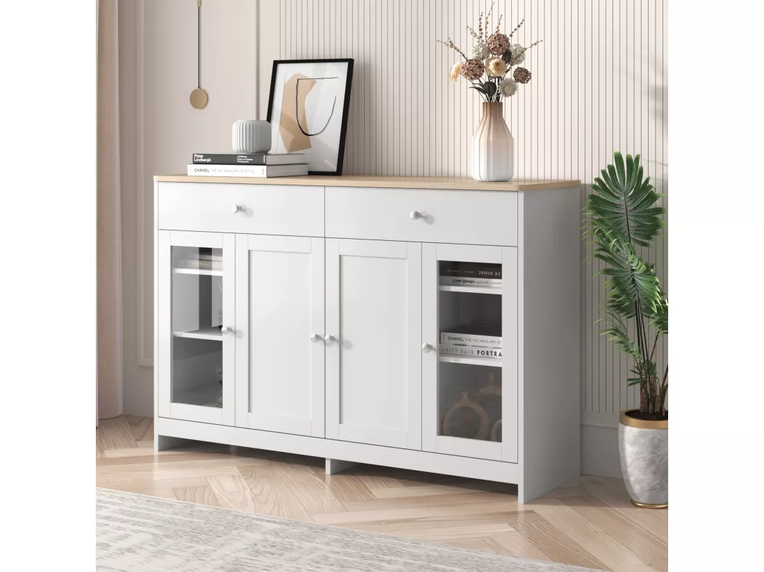 Buffet en bois avec finition blanche, 4 portes, 2 tiroirs et porte