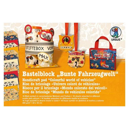 URSUS Bastelblock Bunte Fahrzeugwelt, 300 g/qm, ca. 24 x 34 cm, 16 Blatt sortiert