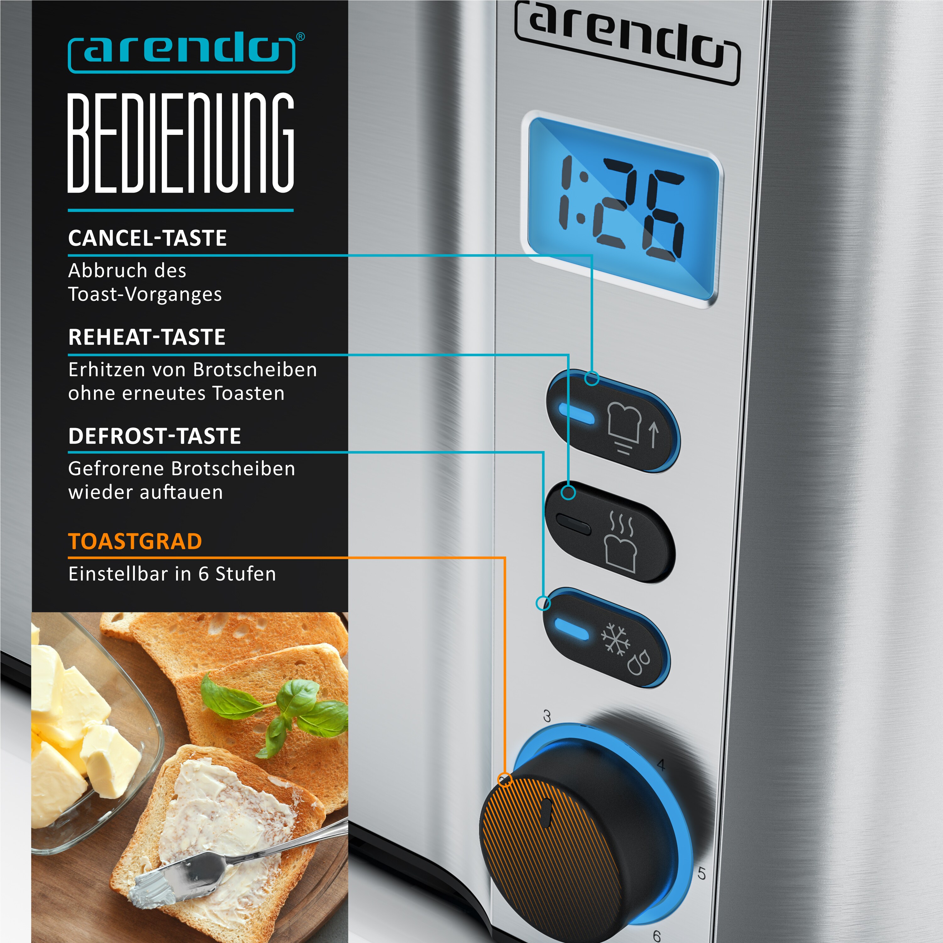 Arendo Toaster Edelstahl Langschlitz 4 Scheiben, Doppelwandgehäuse, integrierter Brötchenaufsatz, 6 Bräunungsstufen, Brotzentrierung automatisch