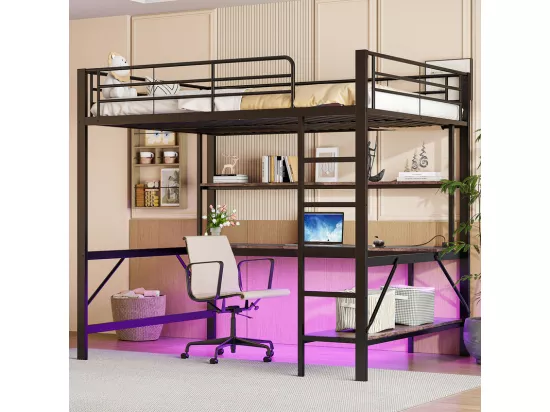 Lit mezzanine 140x200 cm - avec barrières - avec échelle - avec USB et prises - avec lumière LED - avec bureau + étagères à plusieurs niveaux - noir (sans matelas)