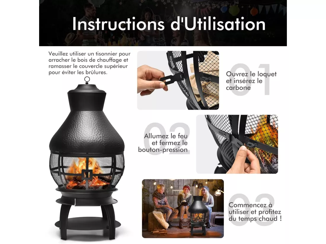 Brasero Foyer Extérieur avec Grille à Bûches en 2 Pièces, Cheminée à Bois Capuchon de Pluie et Tisonnier Couvercle en Maille Ignifuge à 360°, pour Jardin Camping Barbecue