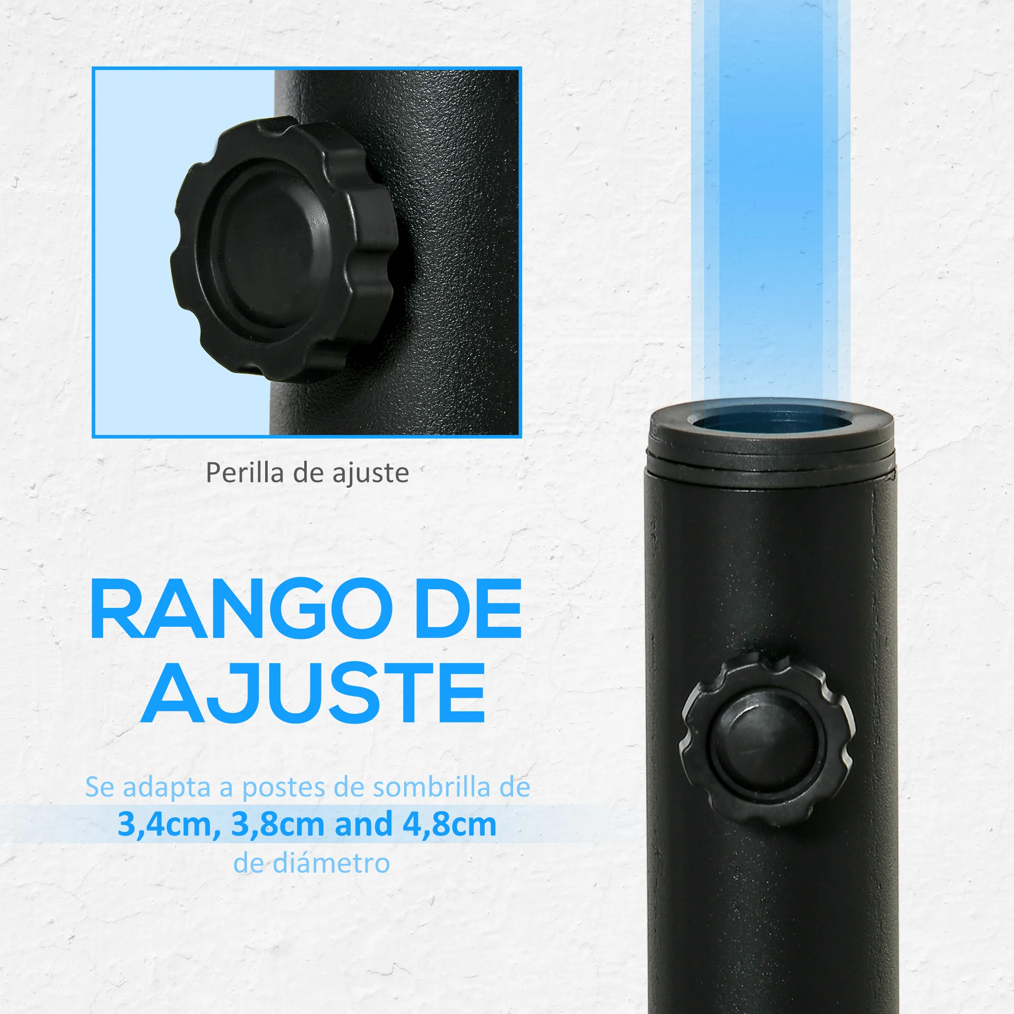 Suporte para guarda-sol Outsunny para pisos de cimento com 2 botões de travamento e 4 parafusos de expansão, base para hastes de guarda-sol de 34/38/48 mm, 12x12x30 cm, preto