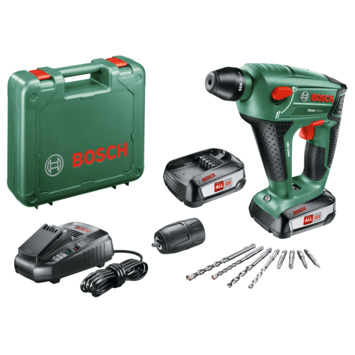 Bosch 18V boorhamer UneoMaxx met extra boorkop en 8-delige accessoireset (Incl. 2 accu's 2.5Ah   lader)