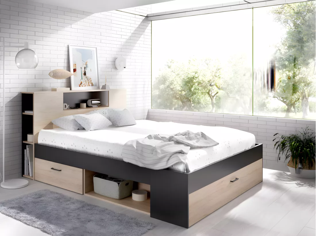 Lit avec tête de lit rangements et tiroirs - 140 x 190 cm - Coloris : Naturel et anthracite + Sommier + Matelas - LEANDRE