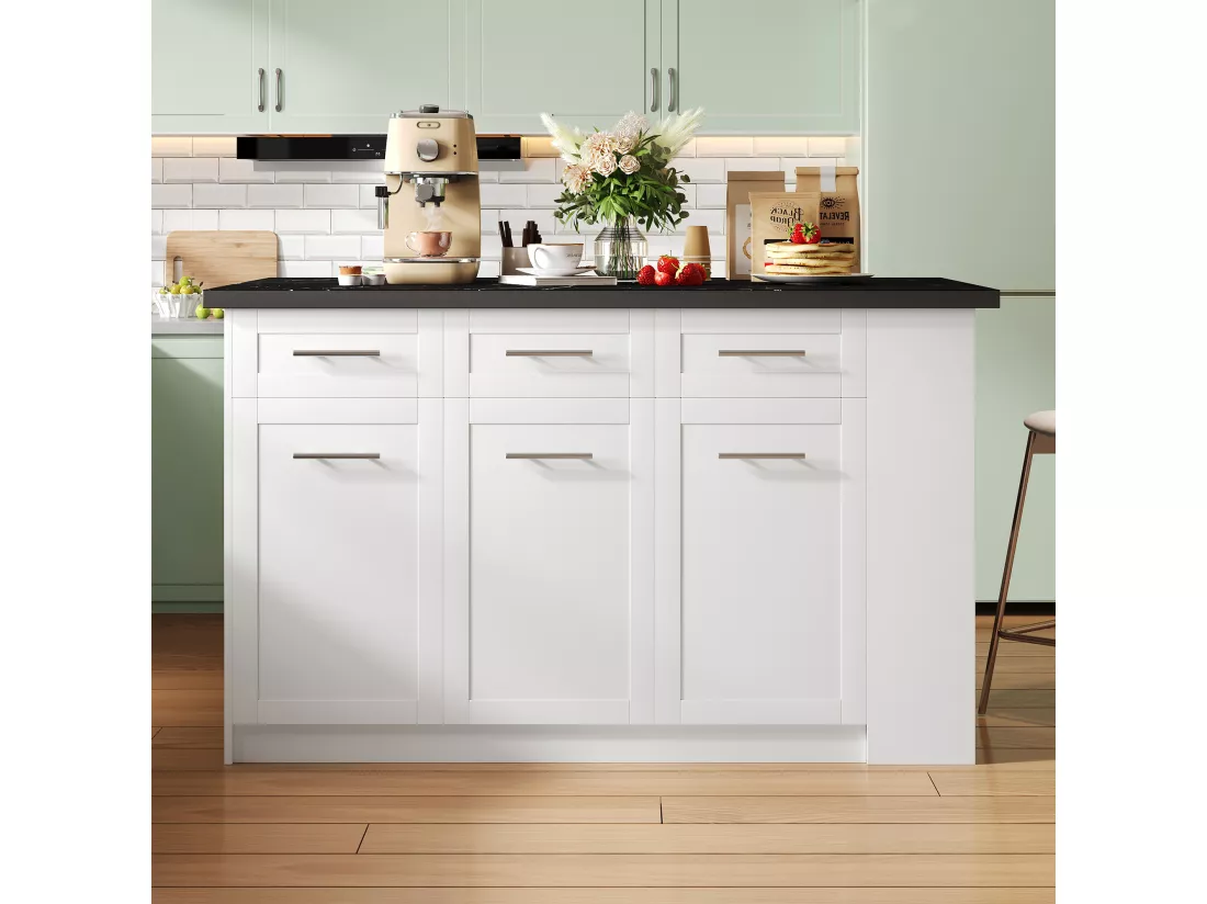 Ilot central de cuisine avec 3 portes, 6 tiroirs et compartiments - plateau extensible - 150/246 x 90 x 90 cm - Bois MDF - Blanc + noir