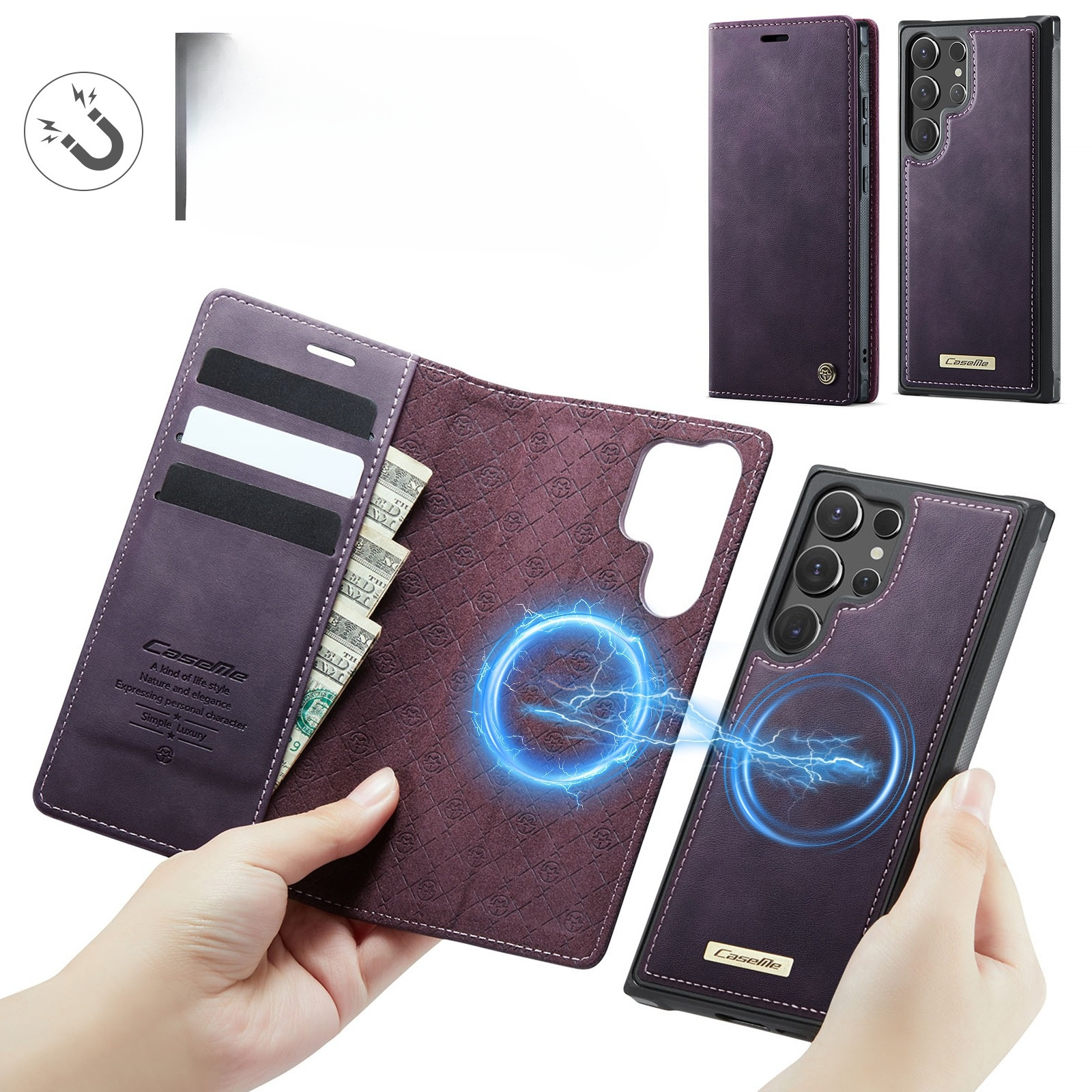 Samsung Galaxy S25 Ultra 2in1 Leder Tasche   Magnet Hardcase Karten Etui MagSafe-Modul (RFID Schutz) - Lila