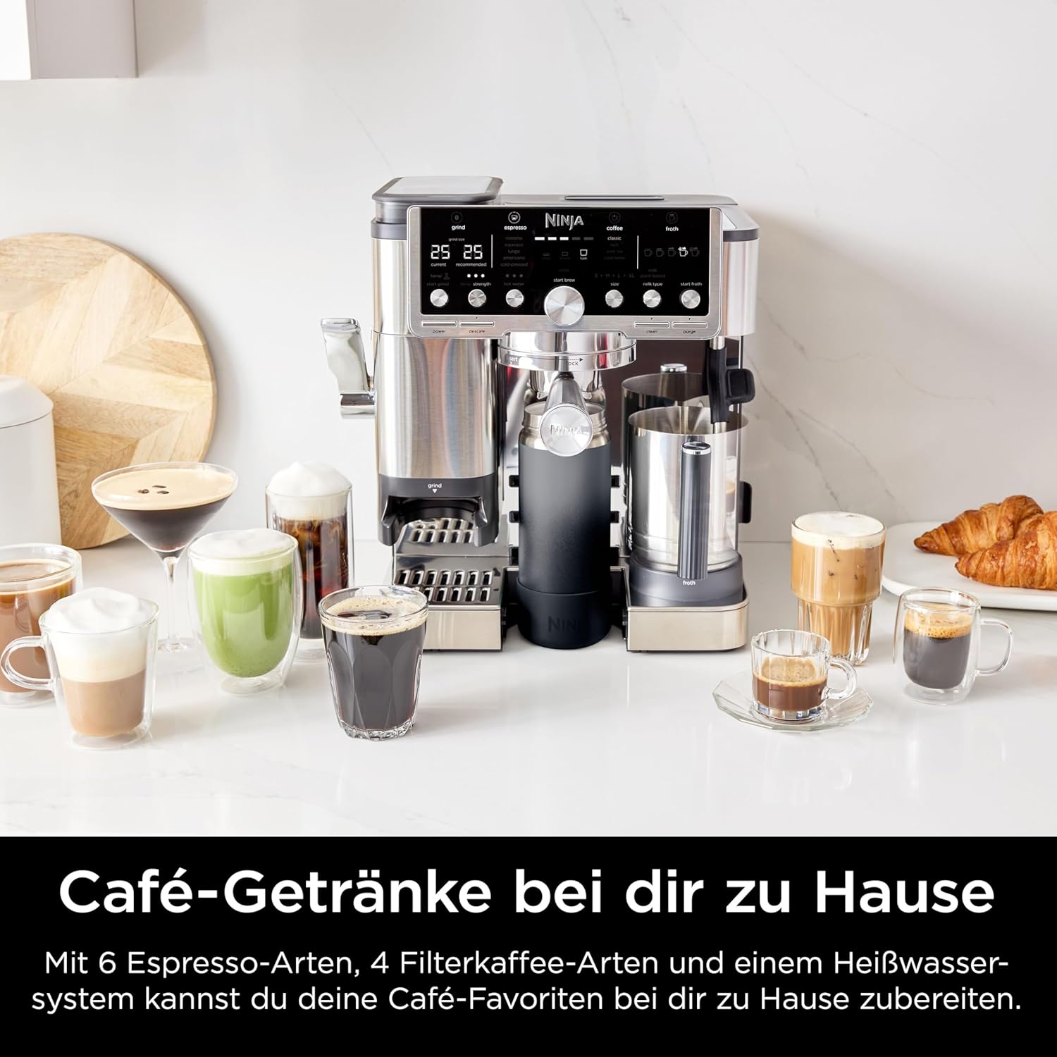 Ninja Luxe Pro 3-in-1-Kaffeemaschine mit Mahlwerk und Aufschäumer für Latte, Cappuccino, Cold Brew & Espresso, einfache Handhabung, 5 Voreinstellungen zum Aufschäumen, Silber, ES701EU
