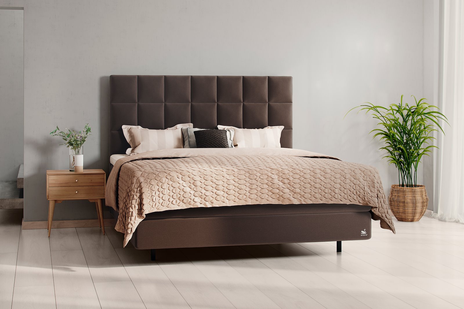 IntelliGel Zilva Kontinental 180x210 cm Tekstil Moment Mocca, Ocean LatexGel® overmadrass og sorte floating ben 14 cm, gavl selges separate.