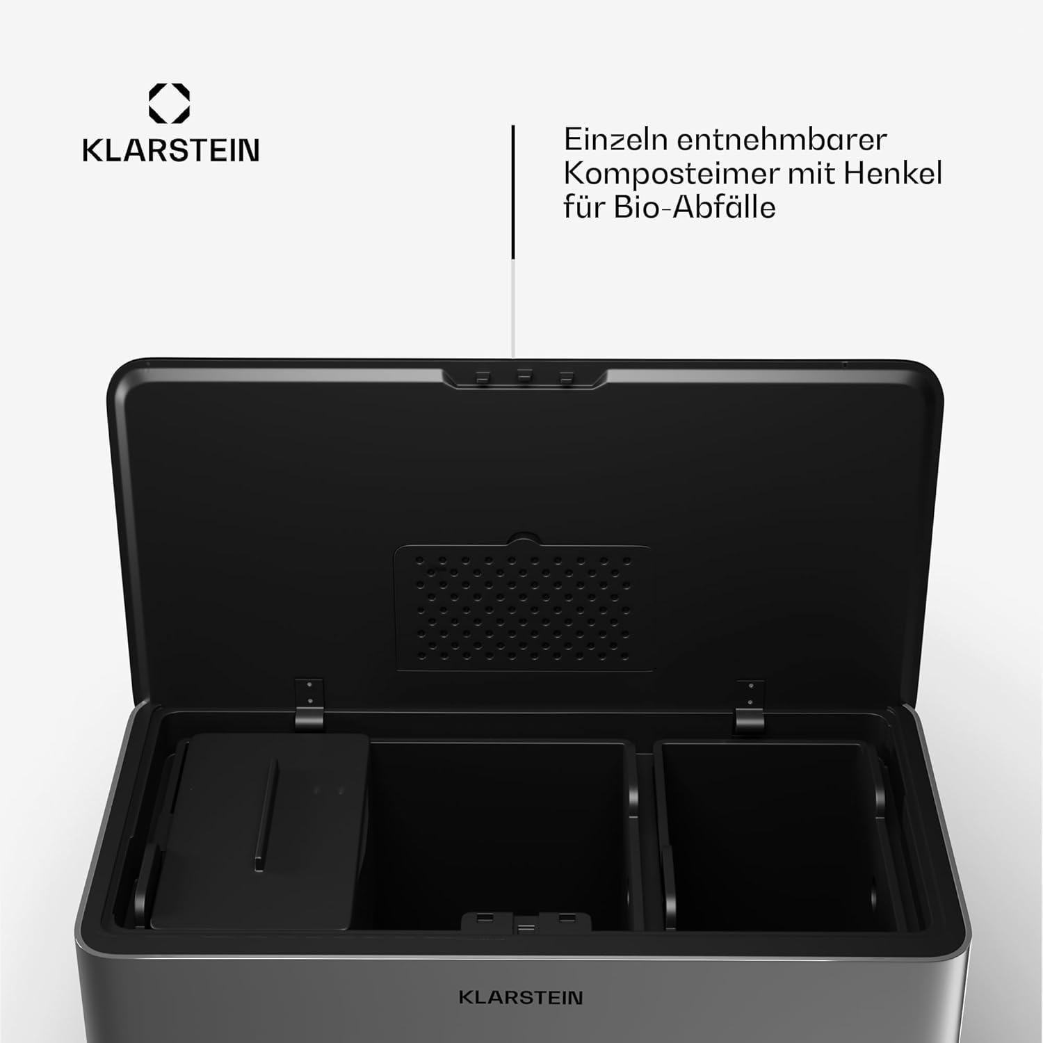 Klarstein Yuma Mülleimer – 40-Liter-Abfalleimer für die Küche mit 3 Fächern und Aktivkohlefilter, Edelstahlgehäuse, abnehmbarer Kompostbehälter, Öffnung auf Knopfdruck, geruchslos, Mülltrennsystem