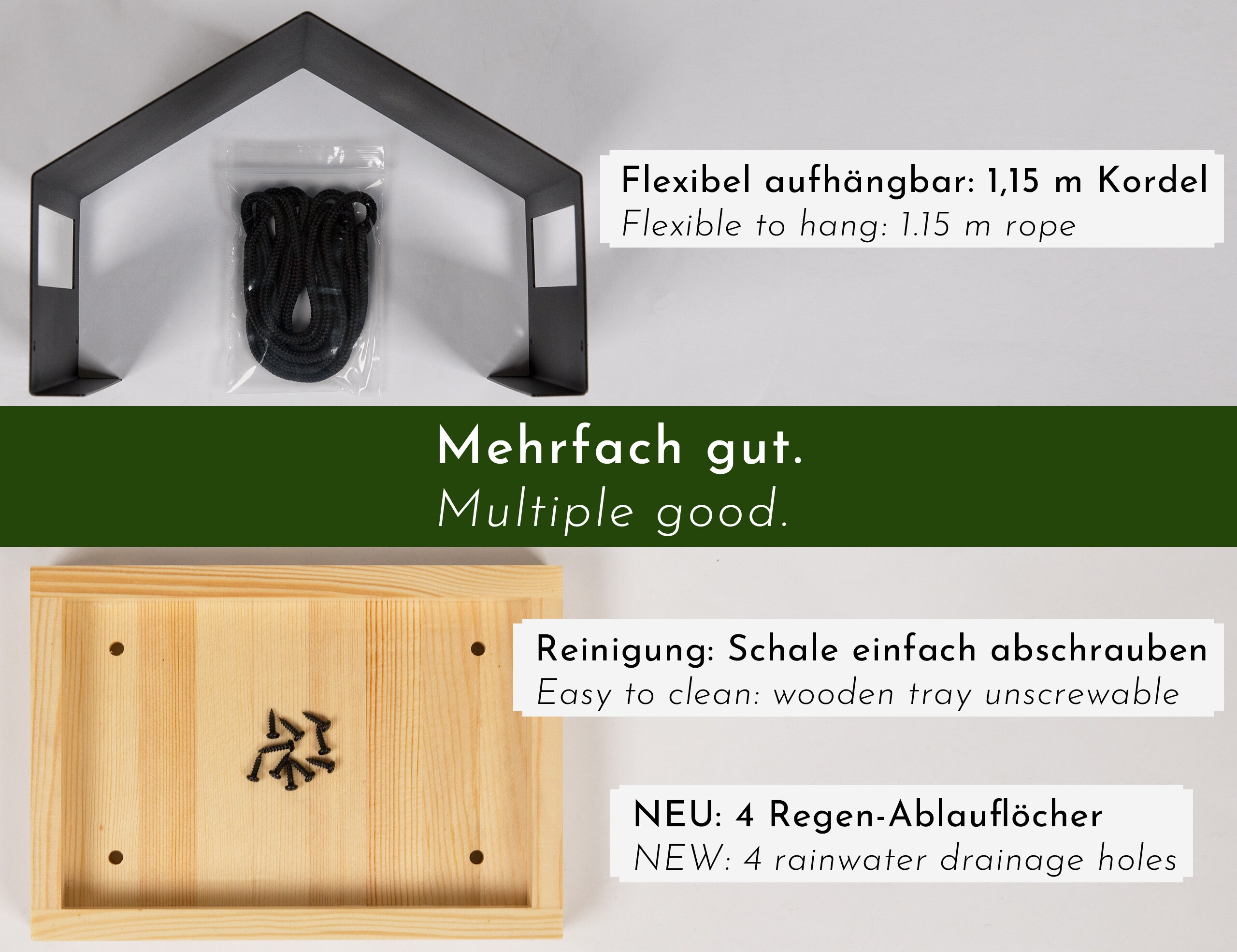 WONDERMAKE® Design Vogelhaus aus Metall und Holz wetterfest zum Aufhängen, modernes Vogelfutterhaus klein Metalldach hängend, Vogelhäuschen Futterhaus für Vögel, schwarz