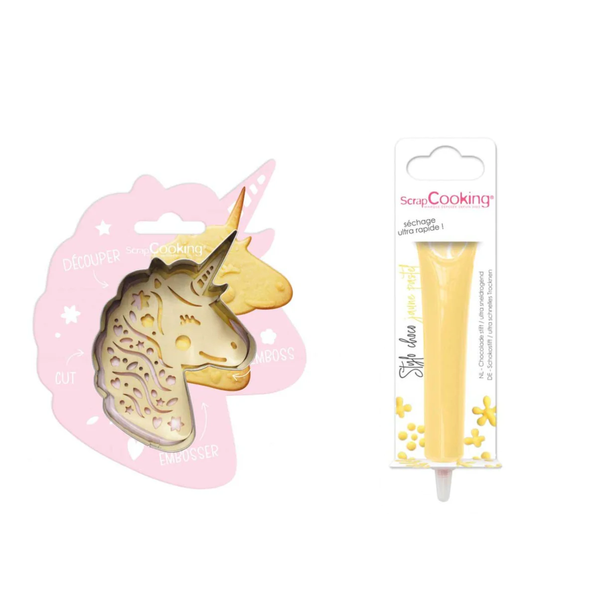 Kit pour biscuit en relief Licorne + Stylo au chocolat jaune pastel Sc