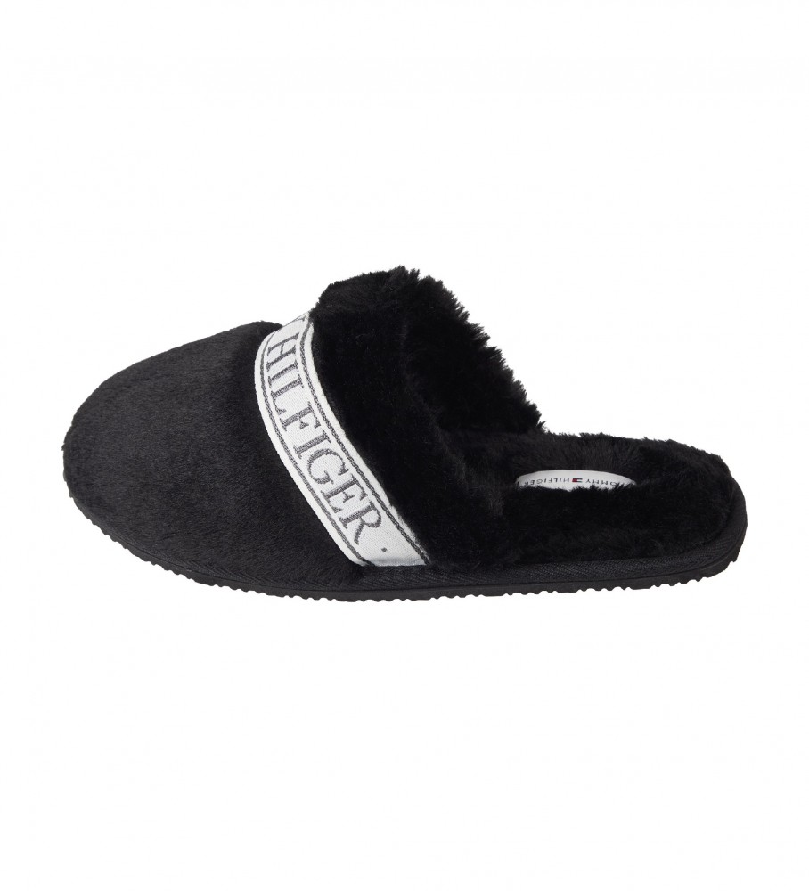 Chinelo de hotel Tommy Hilfiger com forro de pele, preto.