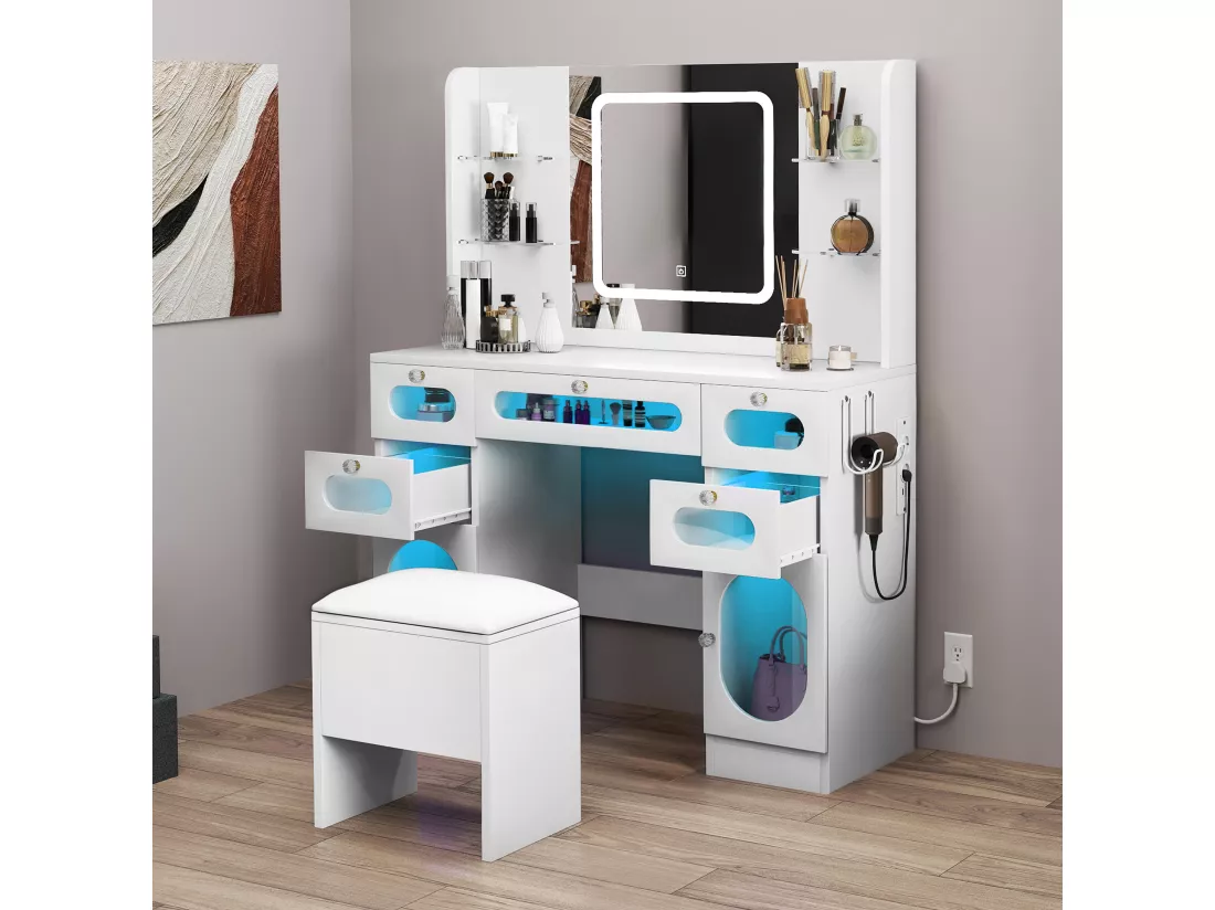 YITAHOME Coiffeuse avec éclairage - Miroir et Prises - avec Tabouret - Blanche - Table de Maquillage