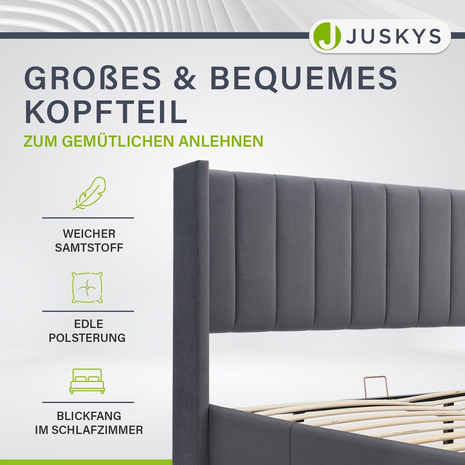 Juskys Polsterbett Savona 140x200 cm mit Stauraum, Lattenrost, Samt-Bezug, bis 250 kg - Dunkelgrau
