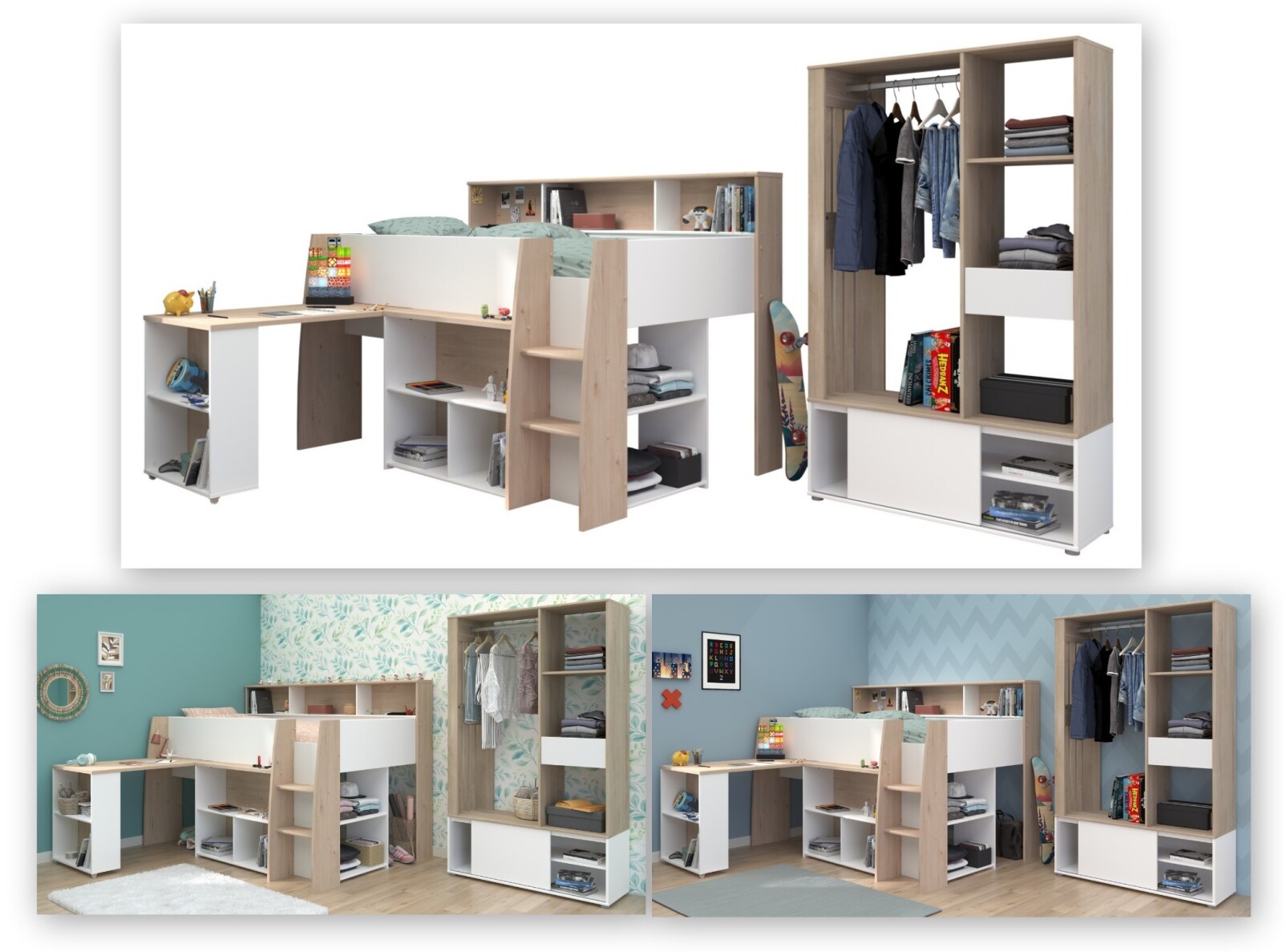 2-teiliges Hochbett-Set LUCAS - weiß - Japanische Eiche - mit offenem Kleiderschrank
