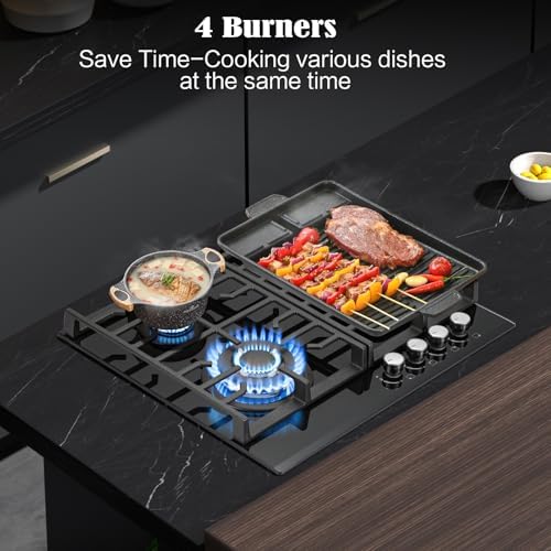 TopStrong Plaque de Cuisson Gaz 4 Feux, 60cm Plaque Gaz 4 Feux avec Sécurité Thermocouple, Cuisinière Encastrable, Naturel/Propane, 8060W, 220 240 V, Verre Noir : Gros électroménager
