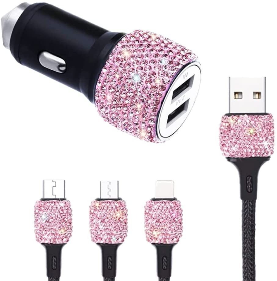 (1.2m) 3in1 Glitzer USB A auf Lightning / Micro USB / USB C Nylon Ladekabel   Dual KFZ Ladegerät - Pink