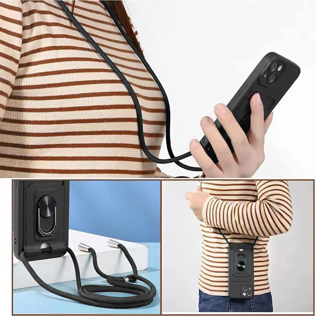 iPhone 14 Necklace Leder Hülle mit Kartenfach   Kickstand Haltering   Handykette (140cm)   Cam-Slider Kameraschutz - Pink