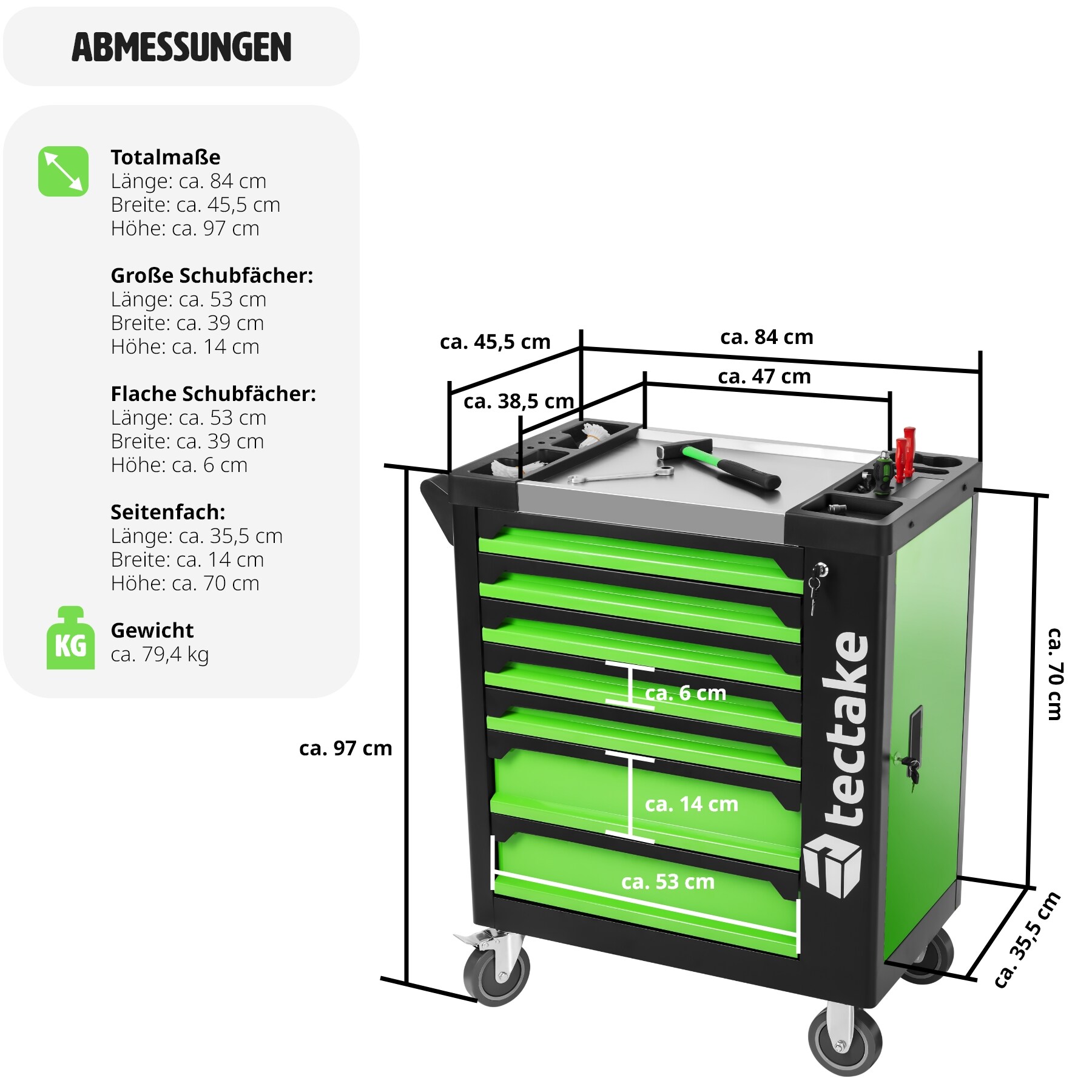 tectake® Werkzeugwagen, bestückt, 1599-teilig, 7 kugelgelagerte Schubladen, zentrale Sicherheitsverriegelung, Rollen Ø 124 mm, Inklusive Kniebrett