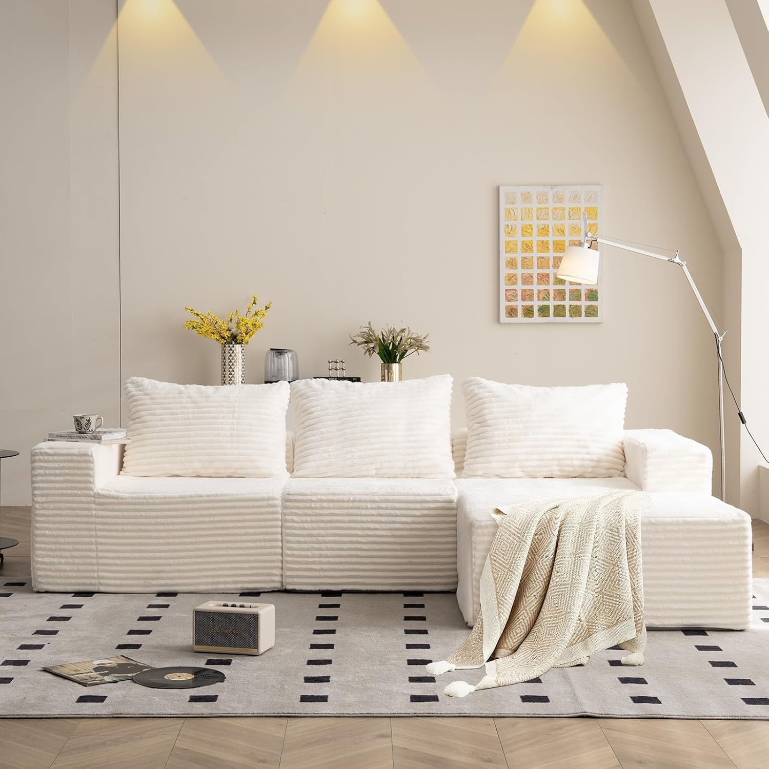 Vamcheer Ecksofa mit Schlaffunktion - Big Sofa Couch 3 Sitzer in L-Form, Modulares Boneless Schlafsofa als Wohnlandschaft, 274 x 102 cm, Beige