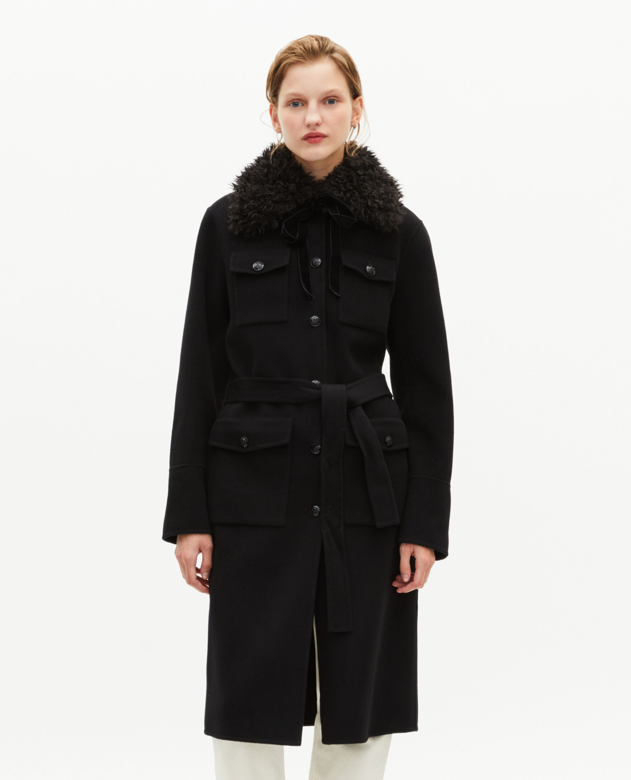 Manteau long en laine double face col sherpa noir