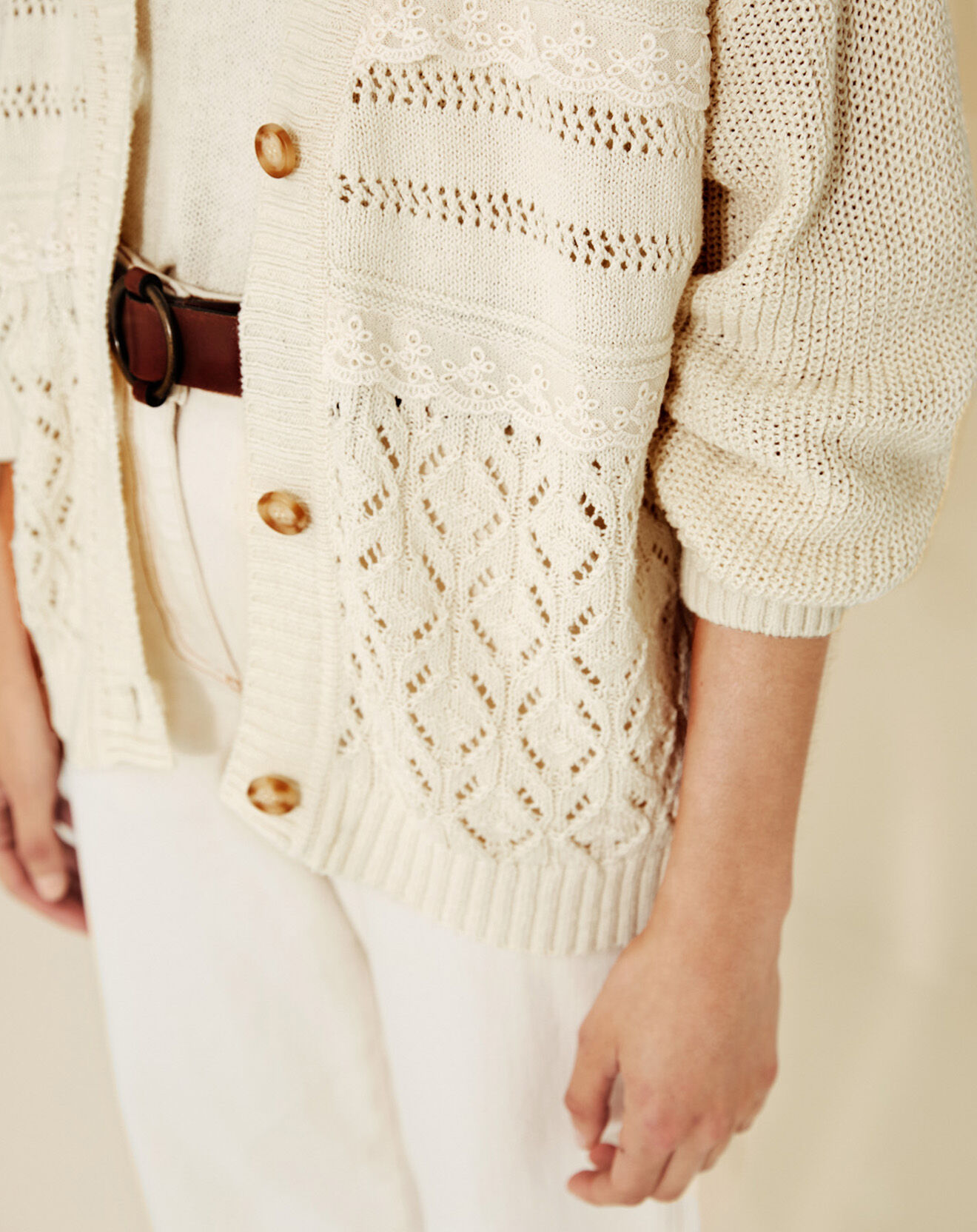 Yerse Gilet en Lin mélangé maille fantaisie Daisy écru