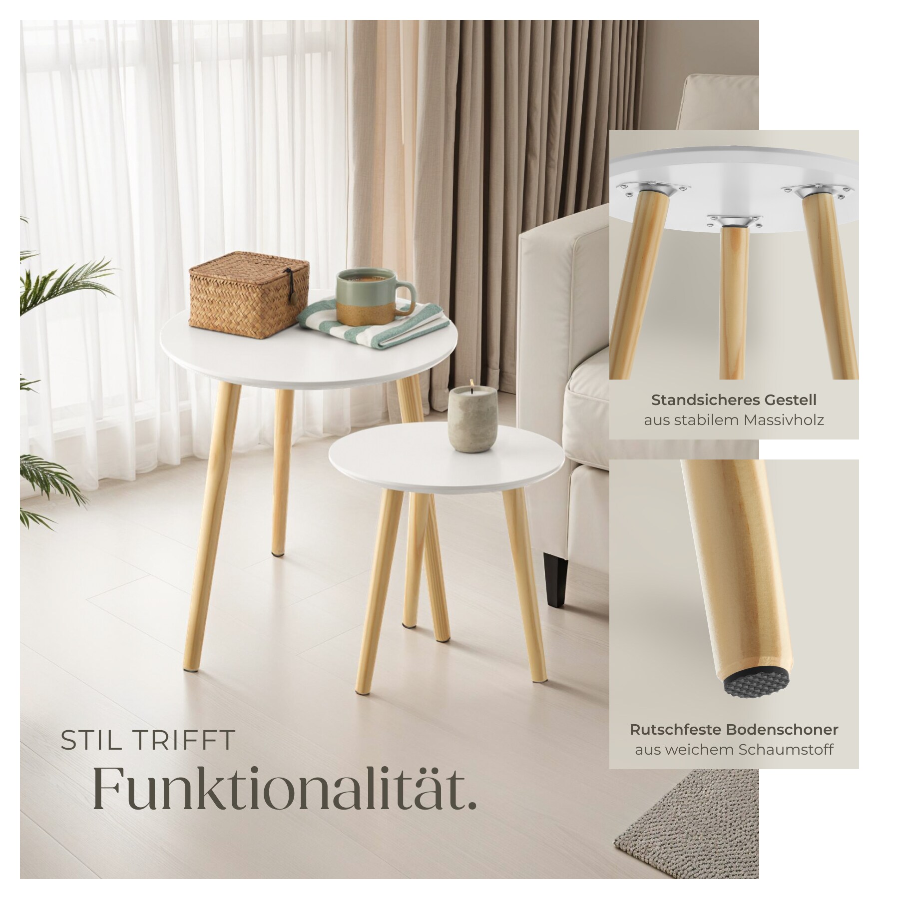 tectake® 2er Set Beistelltisch, Skandi-Style, massive Holzbeine, Belastbarkeit je 30 kg