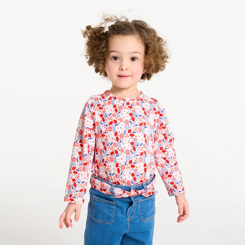 T-shirt maille côte plate fleuri rose bébé fille Rouge
