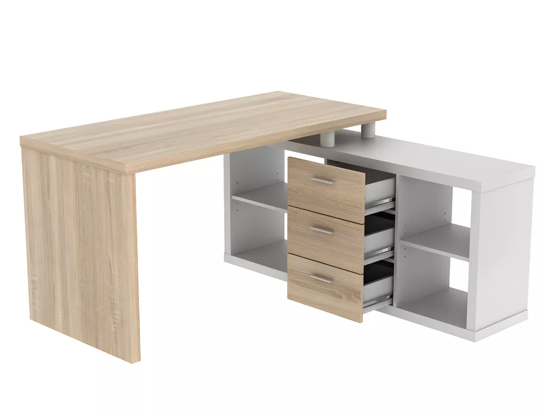 Bureau d'angle avec rangements ALDRIC III - Blanc & Chêne